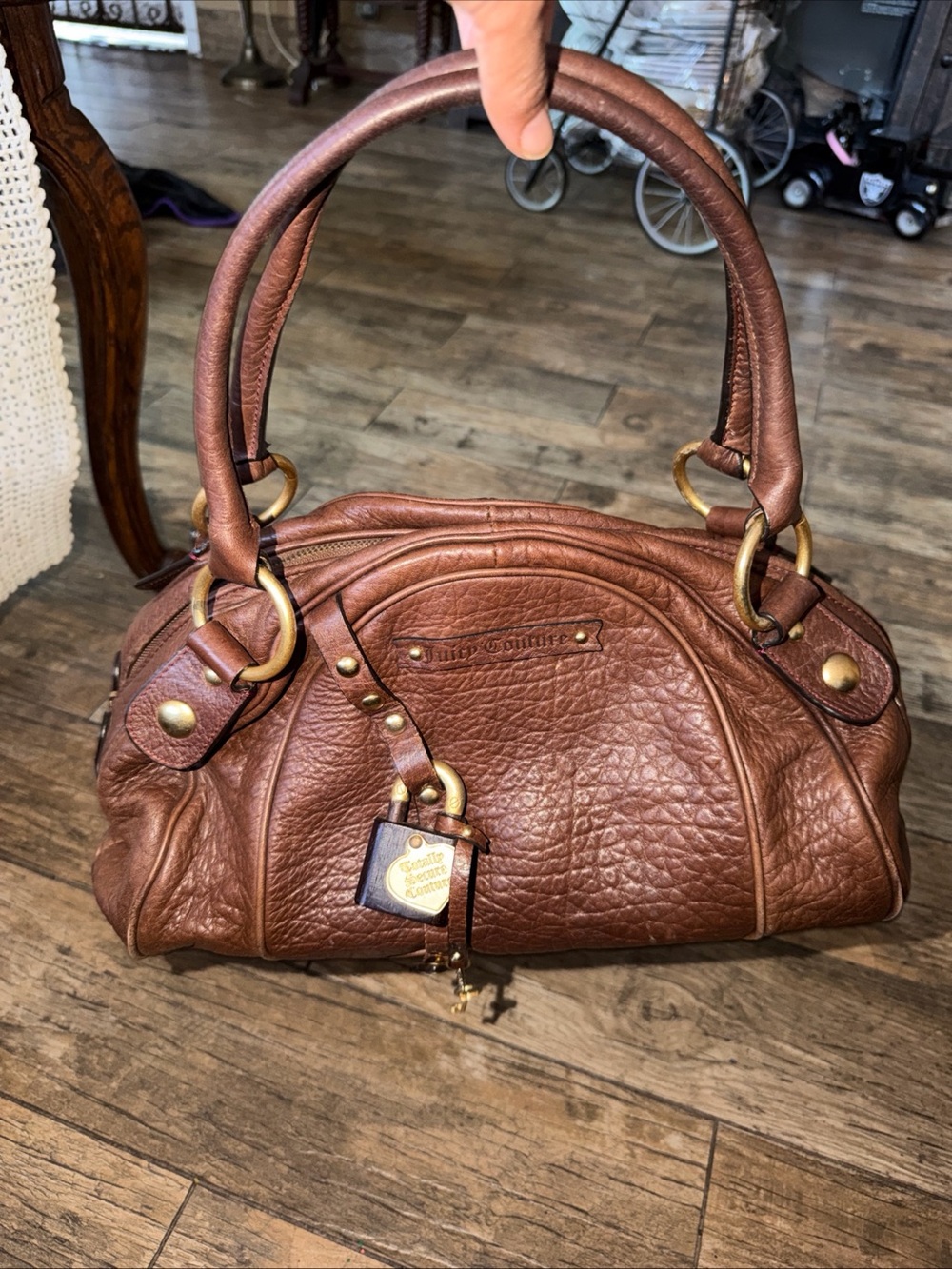 Juicy Couture Bowler Bag Key Lock Brown & Gold  Handbag Shoulder Y2K VTG Leather